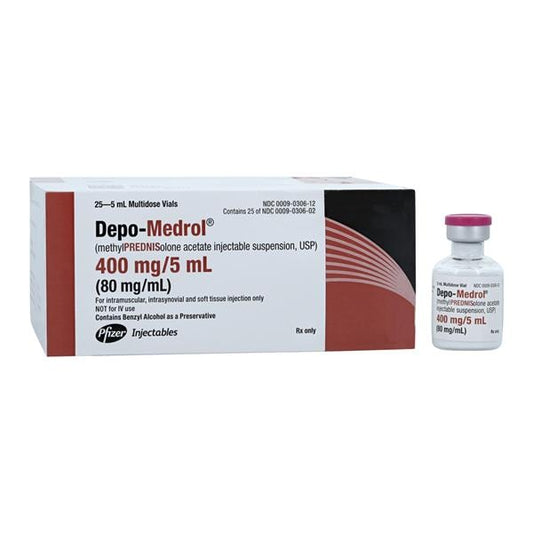 Depo-Medrol Methylprednisolone Acetate, 80 mg/ ml Injection, Multiple Dose, 5 ml Vial, 25/pk (Rx) (Item is Non-Returnable) (We must have your Wholesale Drug License on File before shipping this product) (US Only, Excluding IN and ND)