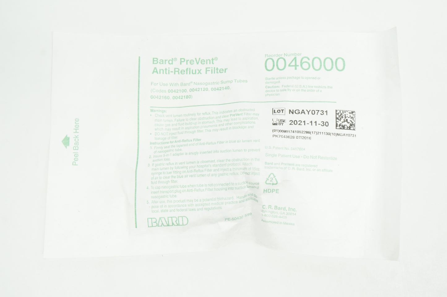 PREVENT Anti-Reflux Filter for use with Nasogastric Tubes, 100/cs (US Only)