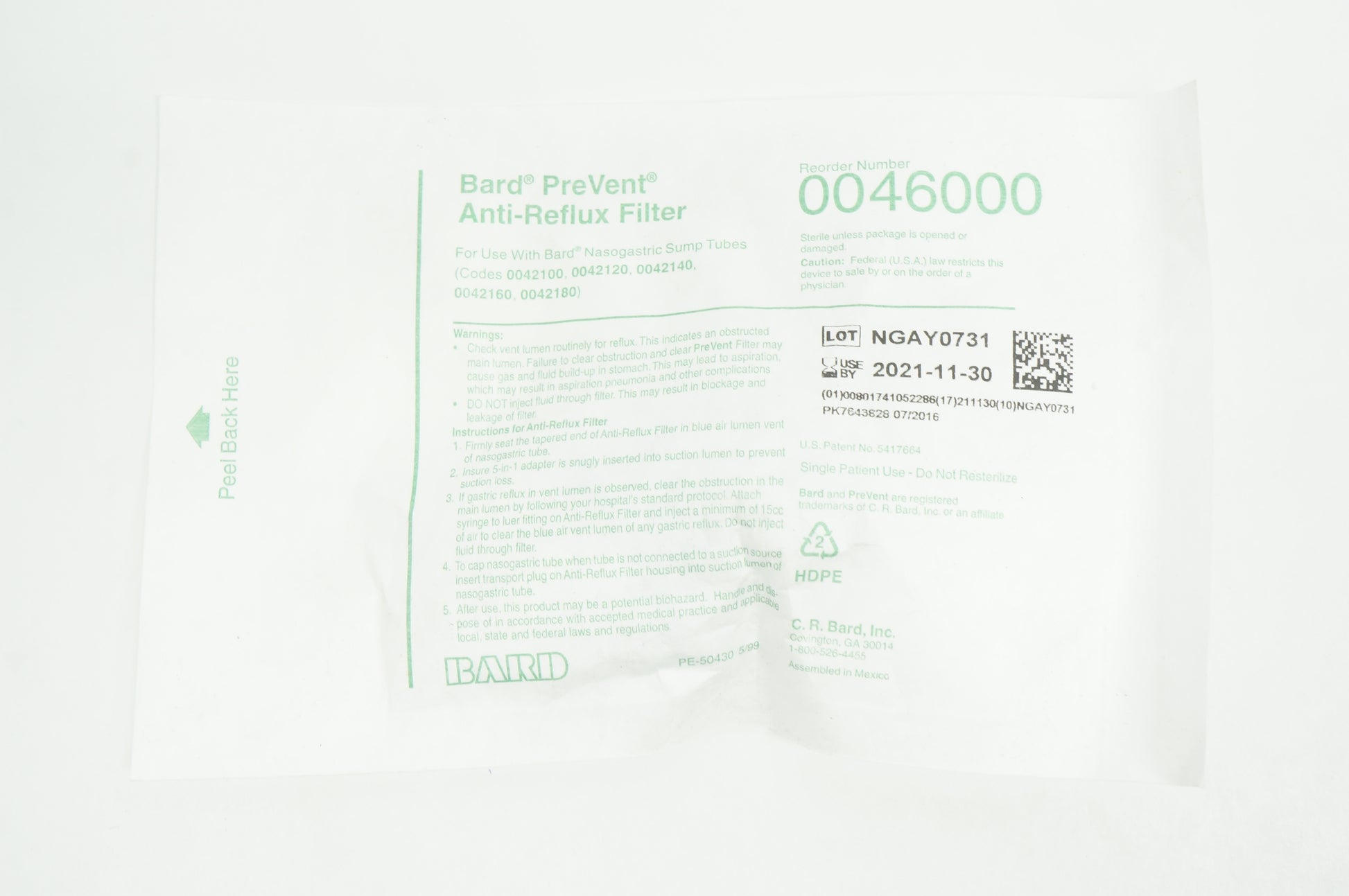 PREVENT Anti-Reflux Filter for use with Nasogastric Tubes, 100/cs (US Only)