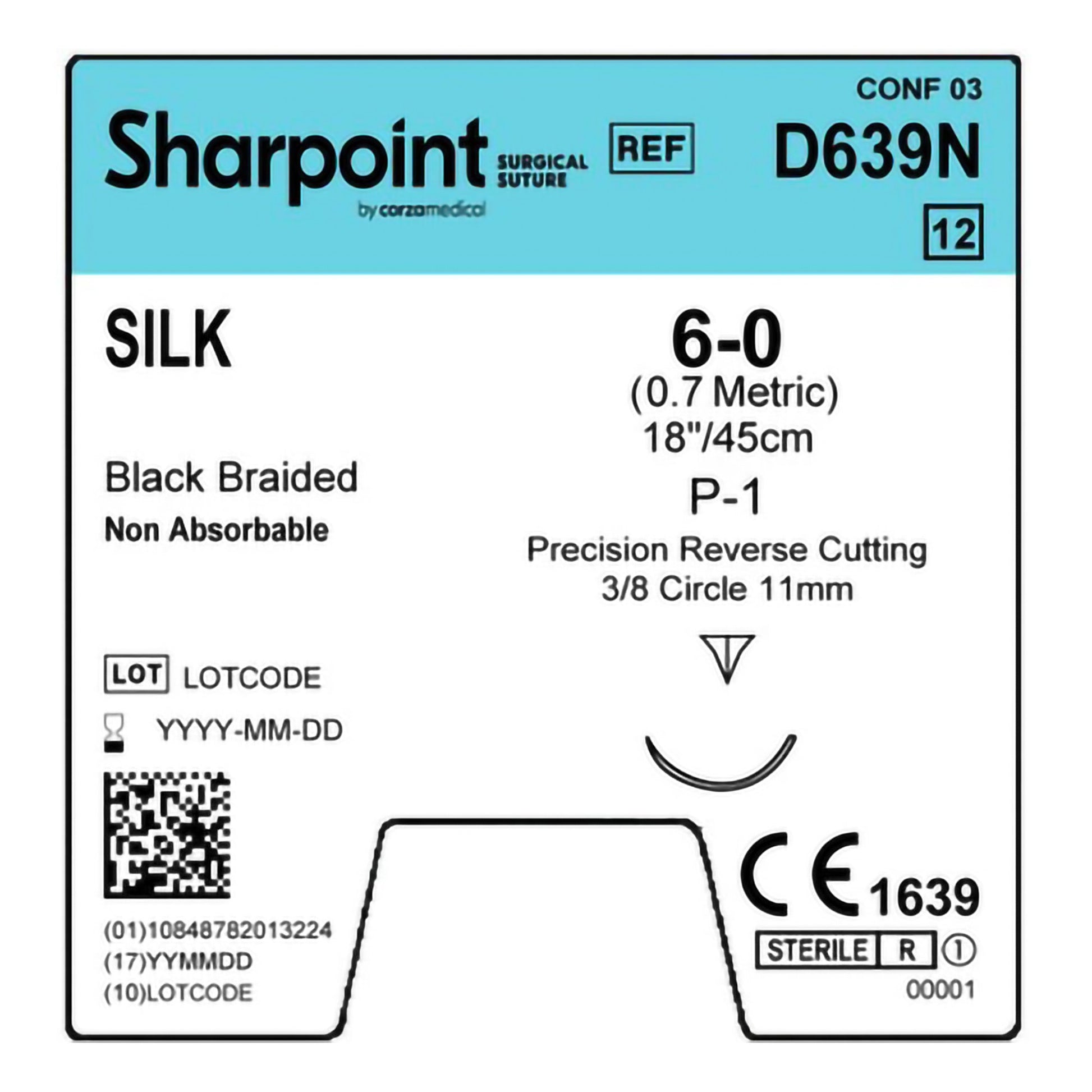 Silk Suture, Black Braided, Reverse Cutting, Size 6-0, 18"/45cm, 11mm, 3/8 Circle, 12/cs