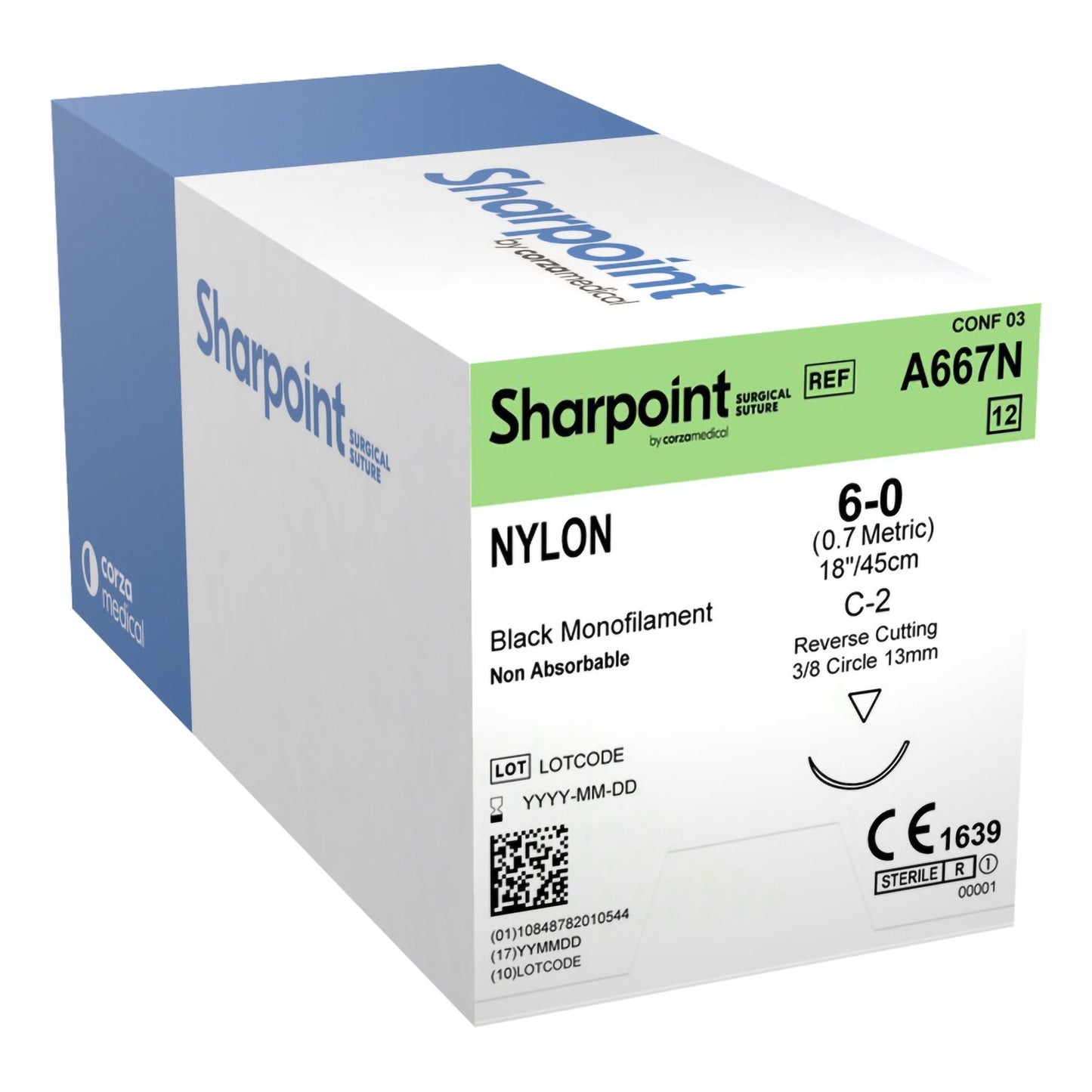 Nylon Suture, Monofilament, Reverse Cutting, Size 6-0, 18"/45cm, 12mm, 3/8 Circle, 12/bx