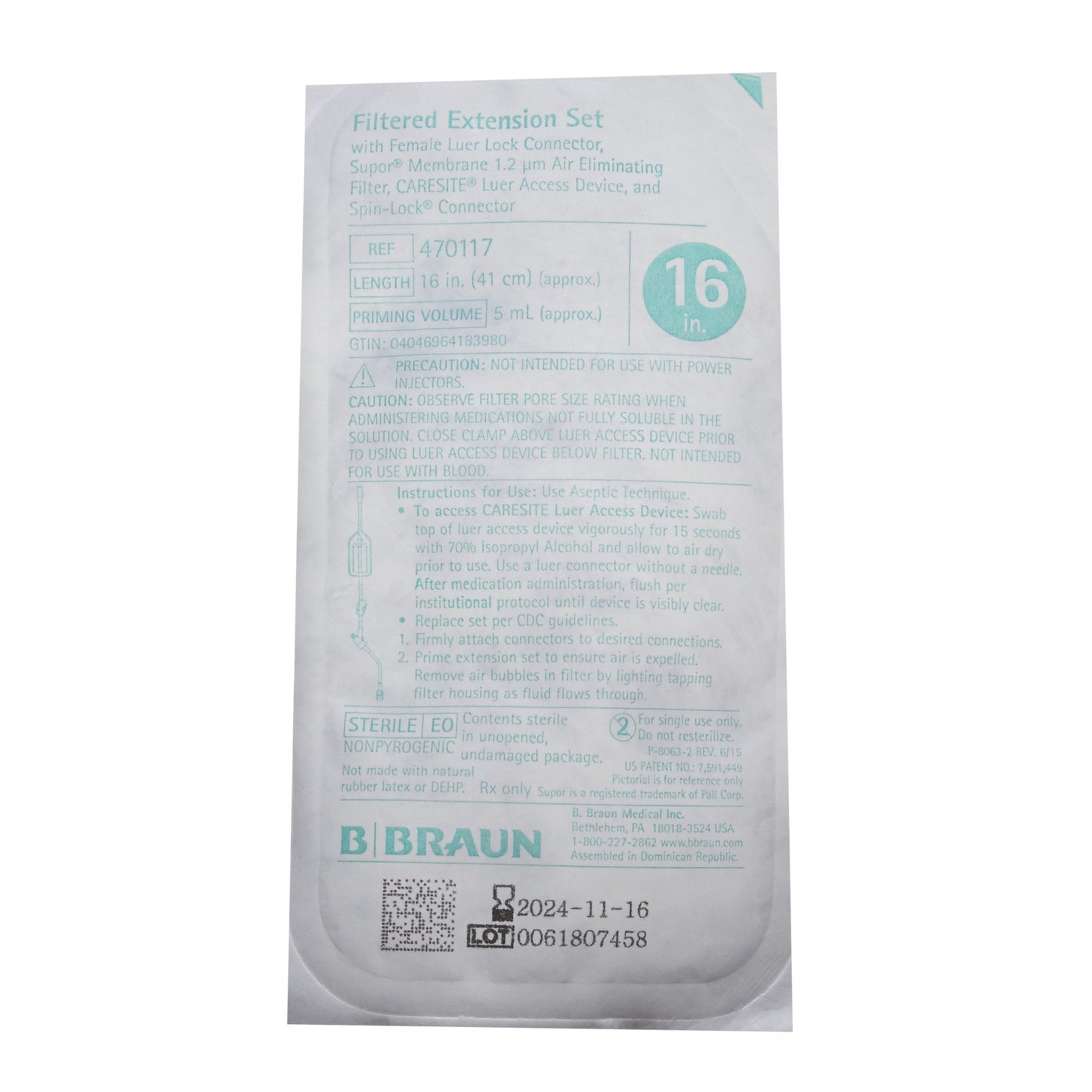 Filtered Extension Set, 1.2 Micron with CARESITE Injection Site 6" Above Distal End, On/ Off Clamp, SPIN-LOCK Connector,  DEHP & Latex Free (LF), 4.5mL Priming Volume, 16"L, 50/cs (Rx) (Item is Non-Returnable) (Continental US+HI Only, Excluding IN and ND)