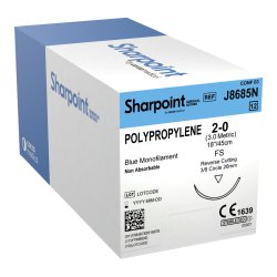 Polypropylene Suture, Monofilament, Reverse Cutting, Size 2-0, 18"/45cm, 26mm, 3/8 Circle, 12/bx