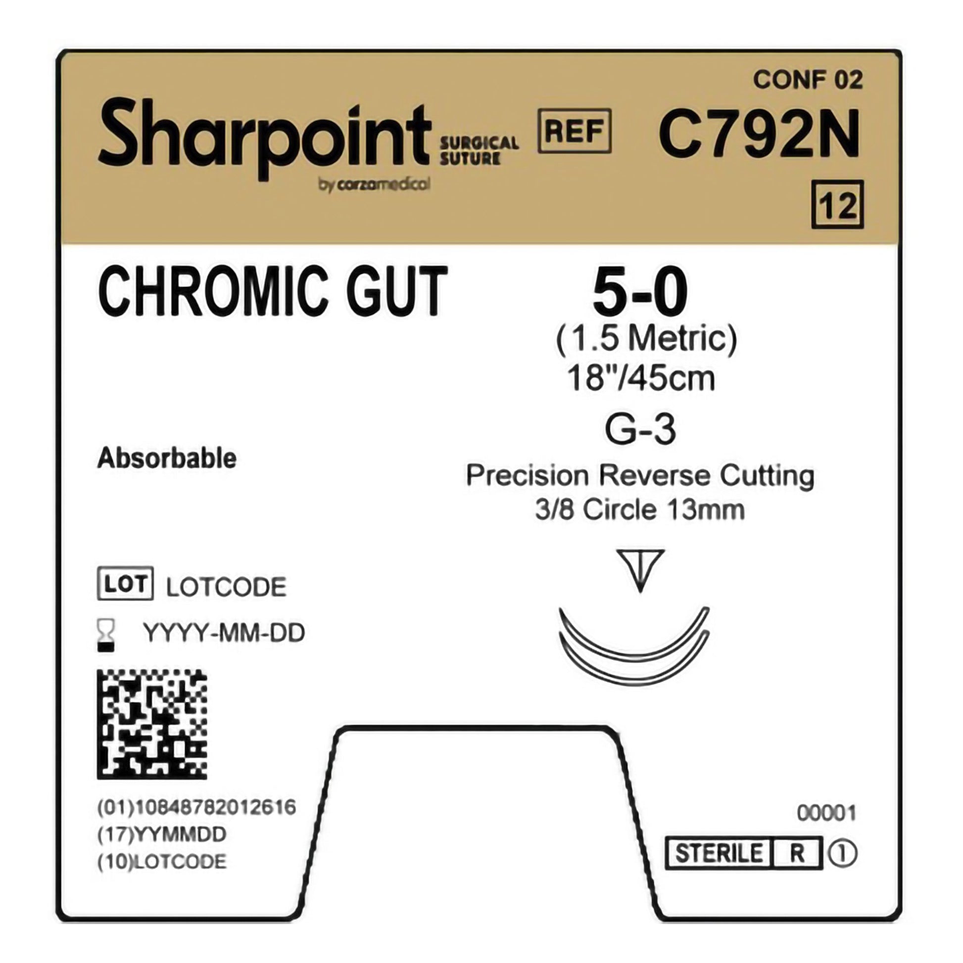 Chromic Gut Suture, Reverse Cutting, Size 5-0, 18"/45cm, 13mm, 3/8 Circle, 12/bx