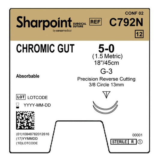 Chromic Gut Suture, Reverse Cutting, Size 5-0, 18"/45cm, 13mm, 3/8 Circle, 12/bx