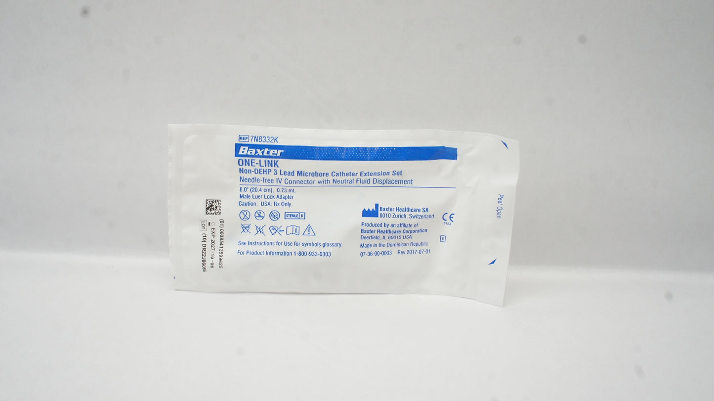 One-Link Catheter Extension Set, 3-Lead, Microbore, Needle-Free IV Connector with Neutral Fluid Displacement, Male Luer Lock Adapter, 0.73 ml, 8.0" Length, Non-Pyrogenic, Non-DEHP, Sterile, 200/cs (Rx) (Continental US Only) (Product Access Restricted. Check with your sales rep to verify eligibility)