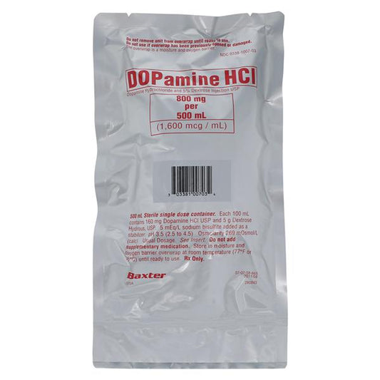 Dopamine Hydrochloride, 5% Dextrose Injection, USP, 1600 mcg/ ml, 500 ml, Viaflex Plastic Container, Liquid Premix, 12/cs (Rx) (Item is Non-Returnable) (Continental US Only, Excluding IN and ND) (Product Access Restricted. Check with your sales rep to verify eligibility)