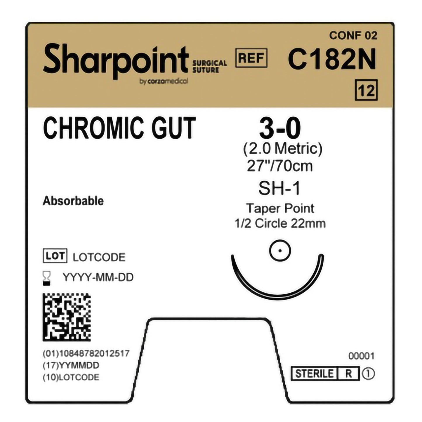 Chromic Gut Suture, Taper Point, Size 3-0, 30"/75cm, 22mm, 1/2 Circle, 12/bx