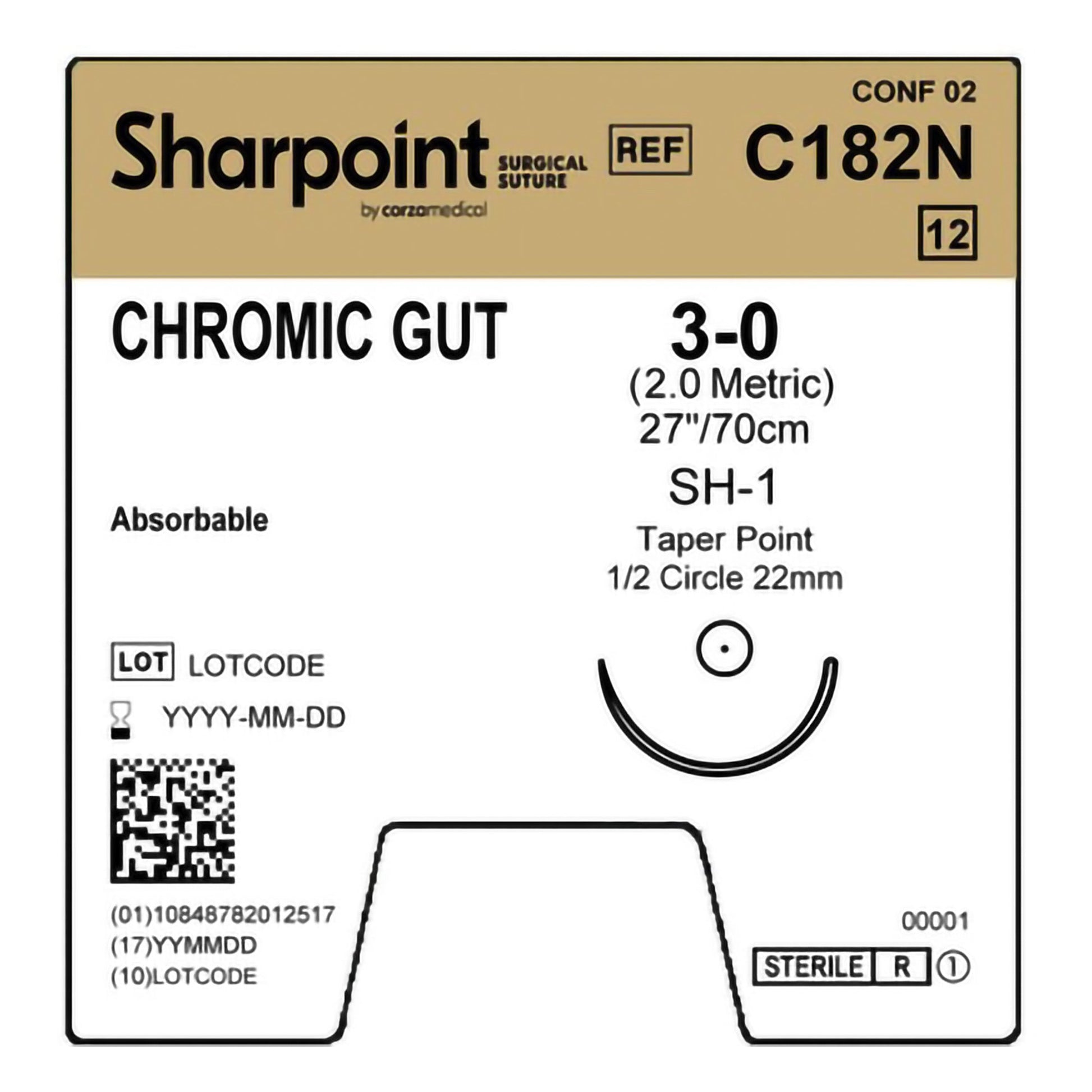 Chromic Gut Suture, Taper Point, Size 3-0, 30"/75cm, 22mm, 1/2 Circle, 12/bx
