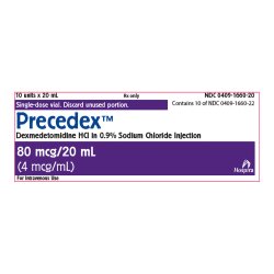 Precedex (Dexmedetomidine Hydrochloride in 0.9% Sodium Chloride Injection), 4 mcg/ml, 20 ml Vial, Single Dose, Glass Fliptop Vial, 25/bx (Rx) (Item is Non-Returnable) (We must have your Wholesale Drug License on File before shipping this product) (US Only, Excluding IN and ND)