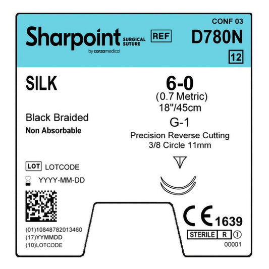 Silk Suture, Black Braided, Reverse Cutting, Size 6-0, 18"/45cm, 11mm, 3/8 Circle, 12/bx