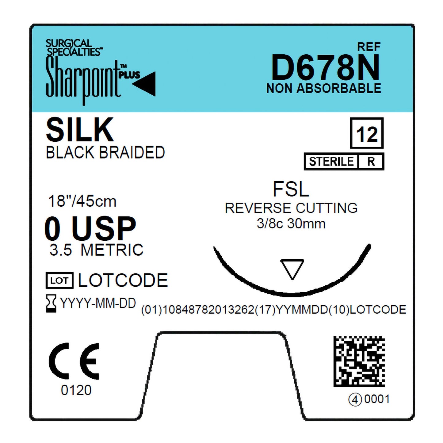 Silk Suture, Black Braided, Reverse Cutting, Size 0, 18"/45cm, 30mm, 3/8 Circle, 12/bx