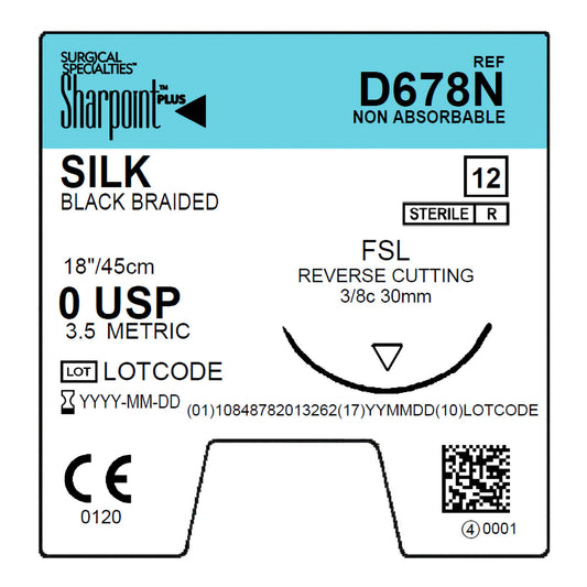 Silk Suture, Black Braided, Reverse Cutting, Size 0, 18"/45cm, 30mm, 3/8 Circle, 12/bx
