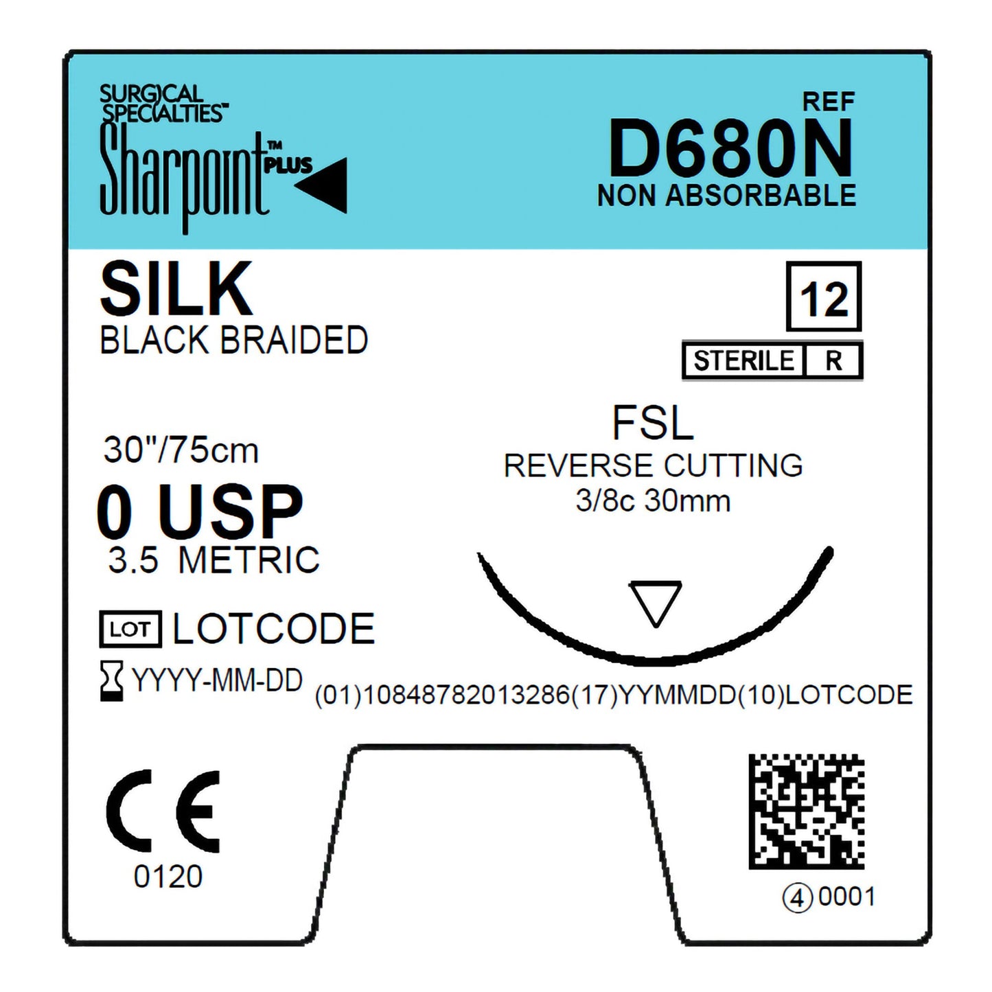 Silk Suture, Black Braided, Reverse Cutting, Size 0, 30"/75cm, 30mm, 3/8 Circle, 12/bx