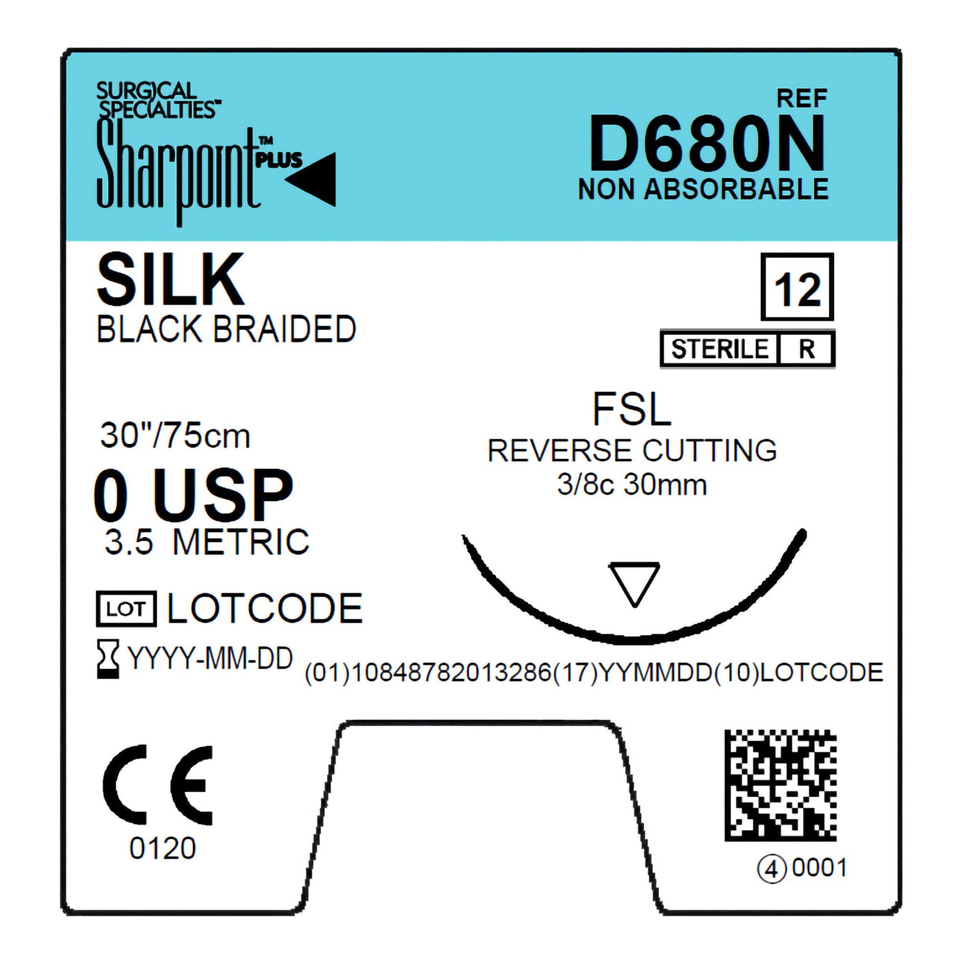 Silk Suture, Black Braided, Reverse Cutting, Size 0, 30"/75cm, 30mm, 3/8 Circle, 12/bx