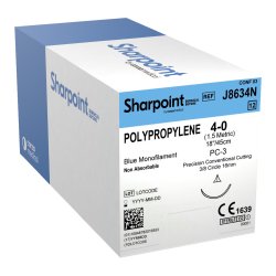 Polypropylene Suture, Monofilament, Conventional, Size 4-0, 18"/45cm, 16mm, 3/8 Circle, 12/bx