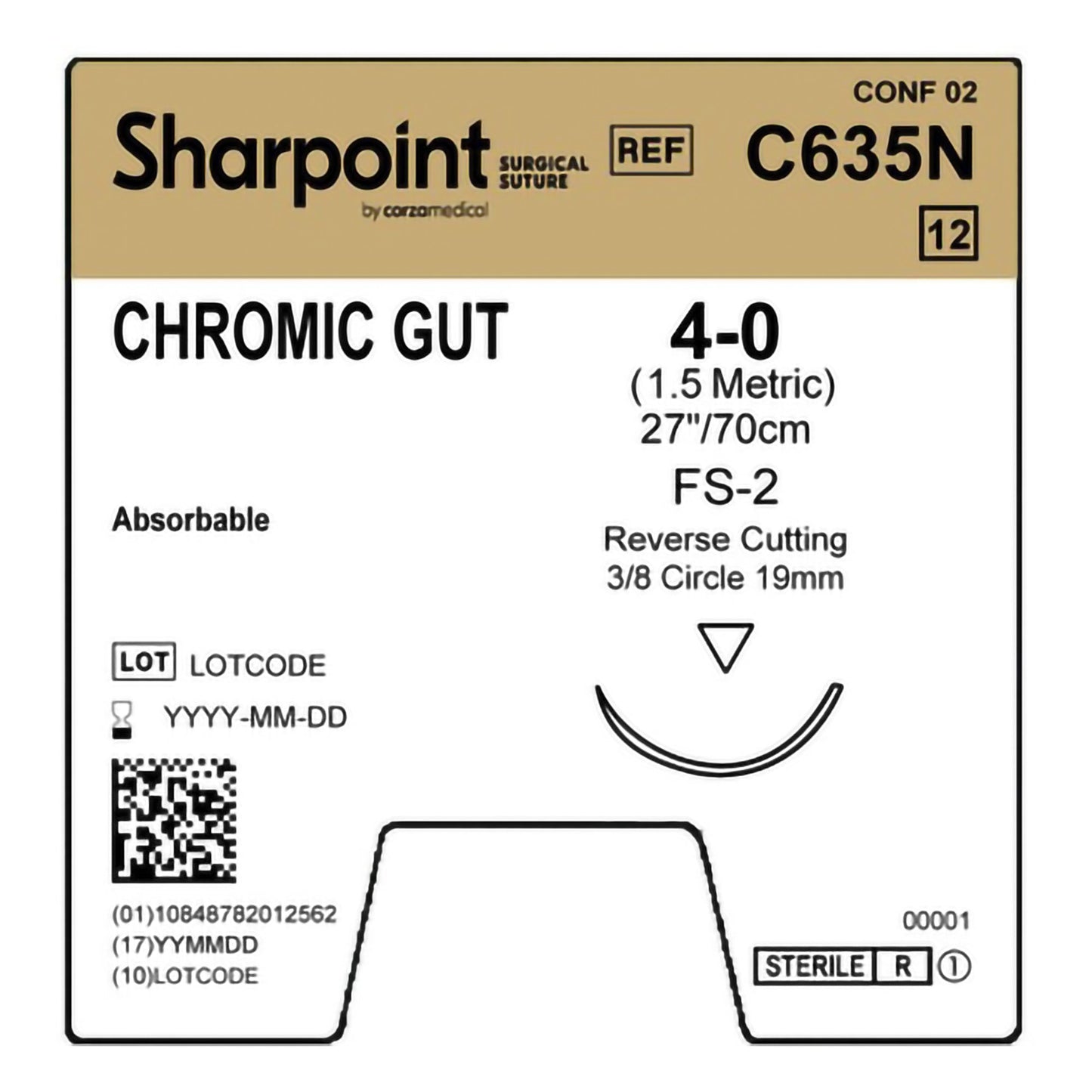 Chromic Gut Suture, Reverse Cutting, Size 4-0, 27"/70cm, 19mm, 3/8 Circle, 12/bx