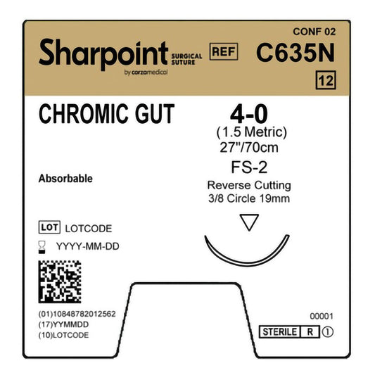 Chromic Gut Suture, Reverse Cutting, Size 4-0, 27"/70cm, 19mm, 3/8 Circle, 12/bx