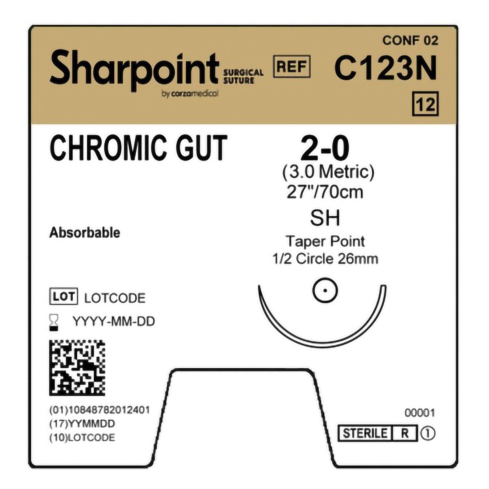 Chromic Gut Suture, Taper Point, Size 2-0, 30"/75cm, 26mm, 1/2 Circle, 12/bx