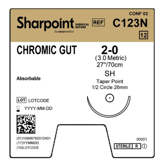 Chromic Gut Suture, Taper Point, Size 2-0, 30"/75cm, 26mm, 1/2 Circle, 12/bx