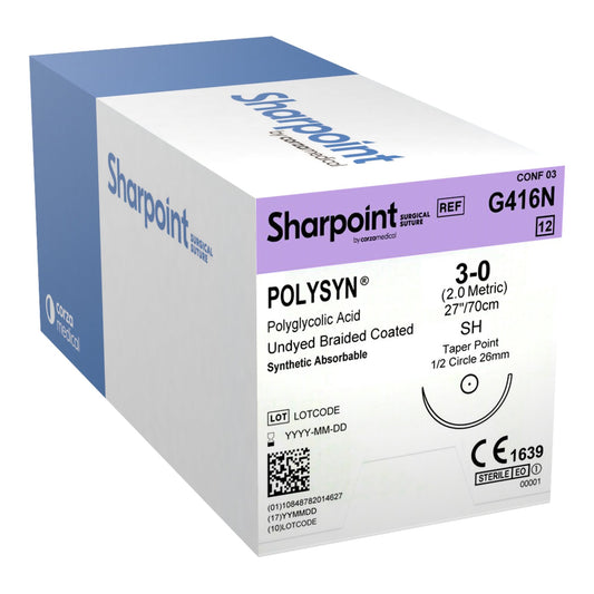 3/0 PolySyn Suture, Violet Braided, 27"/70cm, HR26, 26mm, 1/2 Circle, 12/bx