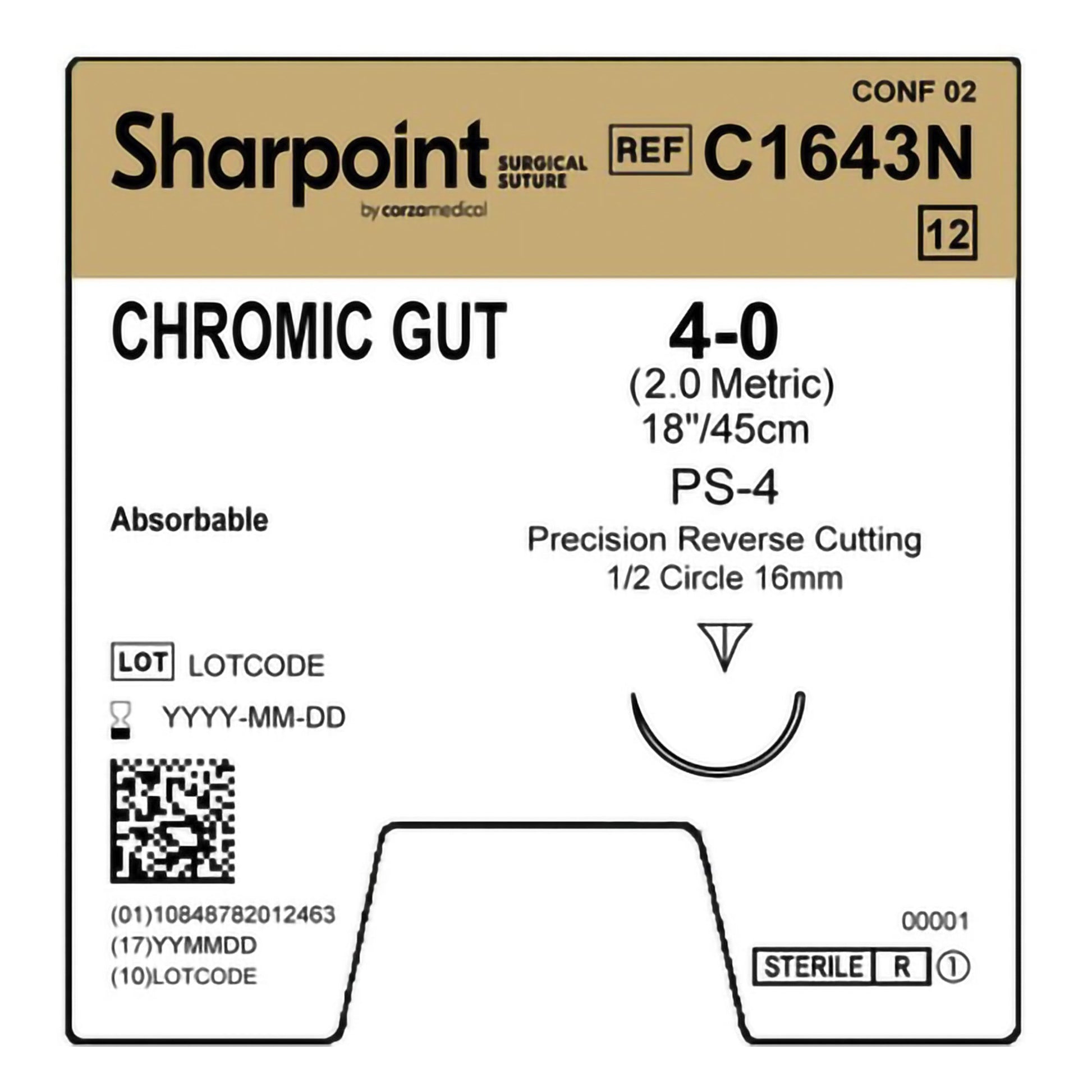 Chromic Gut Suture, Reverse Cutting, Size 4-0, 18"/45cm, 20mm, 1/2 Circle, 12/bx