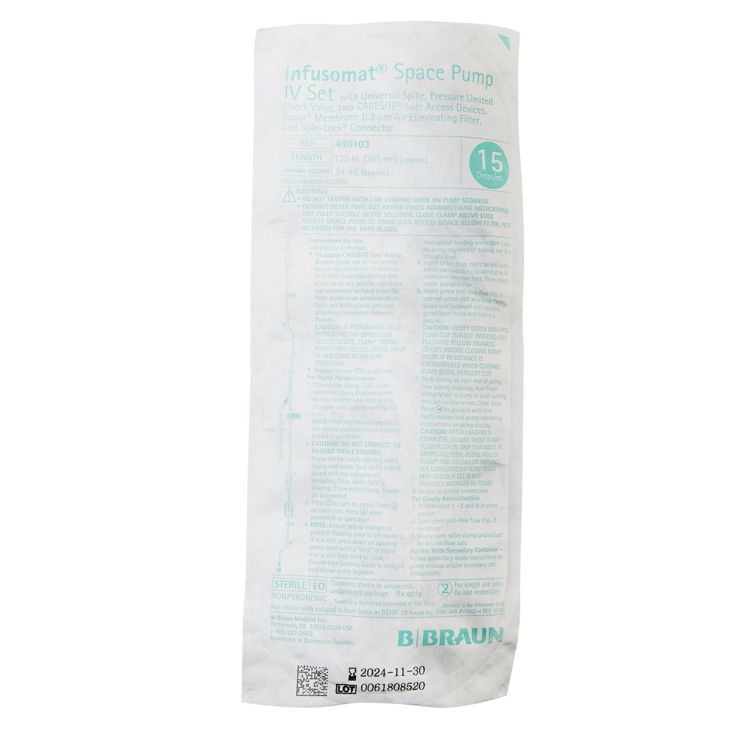 Infusomat Space Pump IV Set, Universal Spike, Pressure Limited Check Valve, 2 CARESITE Luer Access Devices, Roller Clamp, 0.2 Micron Filter, Slide Clamp Backcheck Valve, SPIN-LOCK Connector, Priming Volume: 19mL, 120 " Length, 15 drops/mL, 24/cs (Rx) (Continental US+HI Only)