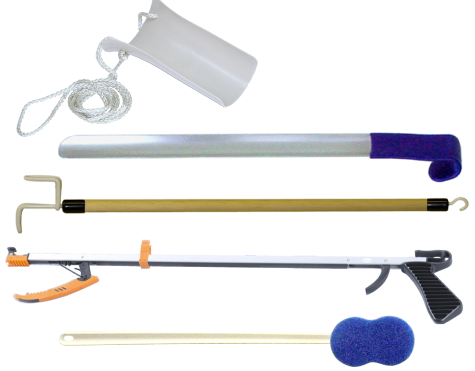 Hip/ Knee Kit Includes: 32" Econo Reacher, Sock Aid, 24" Stainless Shoehorn, Dressing Stick & Long Handle Bath Sponge (A handling charge of $9.95 will be added to any order under $25.00) (DROP SHIP ONLY)
