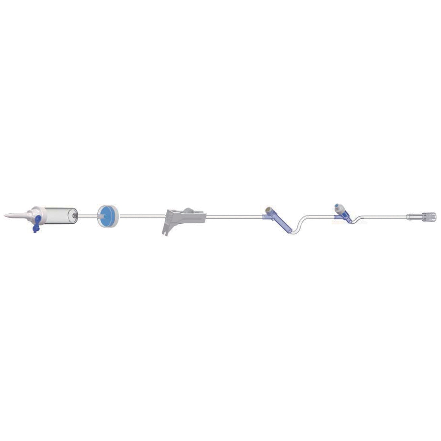IV Admin Set, 10 Drops Per mL, 83" Length, 17 mL Priming Volume, Vented/Non-Vented, Back Check Valve, Roller Clamp, 1 Pre-Pierced Y Site, 1 AMSafe Needle-Free Y Site, Rotating Male Luer Lock, PE Poly Pouch, 50/cs