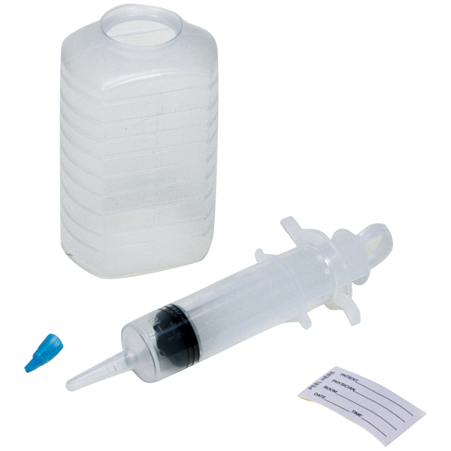 Piston Irrigation Kit Includes: 500cc Graduated Container, 60cc Thumb Control Ring Syringe, Patient ID Label, Small Tube Adapter, Packaged in a Resealable IV Pole Bag, 30/cs (64 cs/plt) 