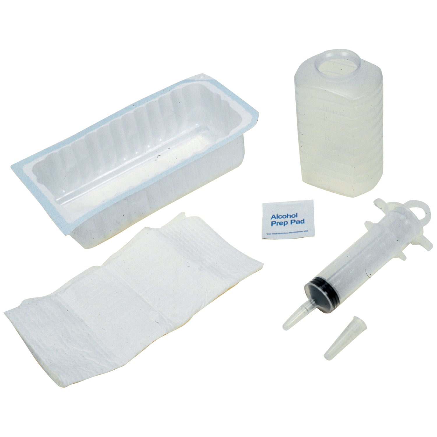 Piston Irrigation Tray Includes 1000cc Outer Tray, 500cc Graduated Container, 60cc Thumb Control Ring Syringe, Alcohol Prep Pad, Large Moisture-Proof Underpad, 20/cs (50 cs/plt) (Item on Manufacturer Back Order with Estimated Time of Availability 1/1/2025)