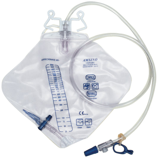 Drainage Bag, 2000mL, Anti-Reflux Device, Pre-Pierced Needle Free Sampling Port (Luer Slip or Blunt Cannula Compatible), Universal Double Hook & Rope Hanger, T-Tap Drain Port, Sterile Fluid Pathway, 20/cs
