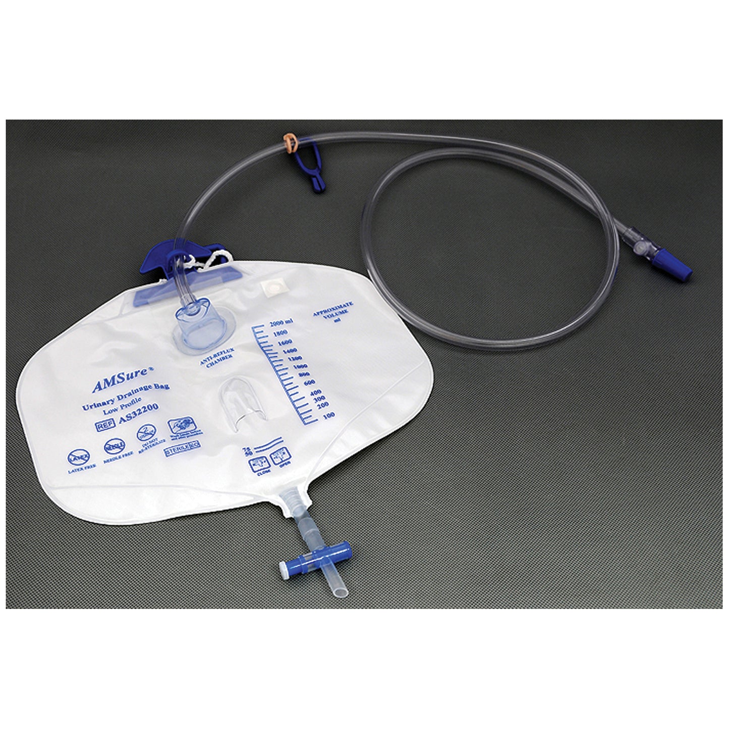 Drainage Bag, 2000mL, Anti-Reflux Device, Pre-Pierced Needle-Free Sampling Port(Luer Slip or Blunt Cannula Compatible), Single Hook & Rope Hanger, T-Tap Drain Port, Sterile Fluid Pathway, 20/cs 