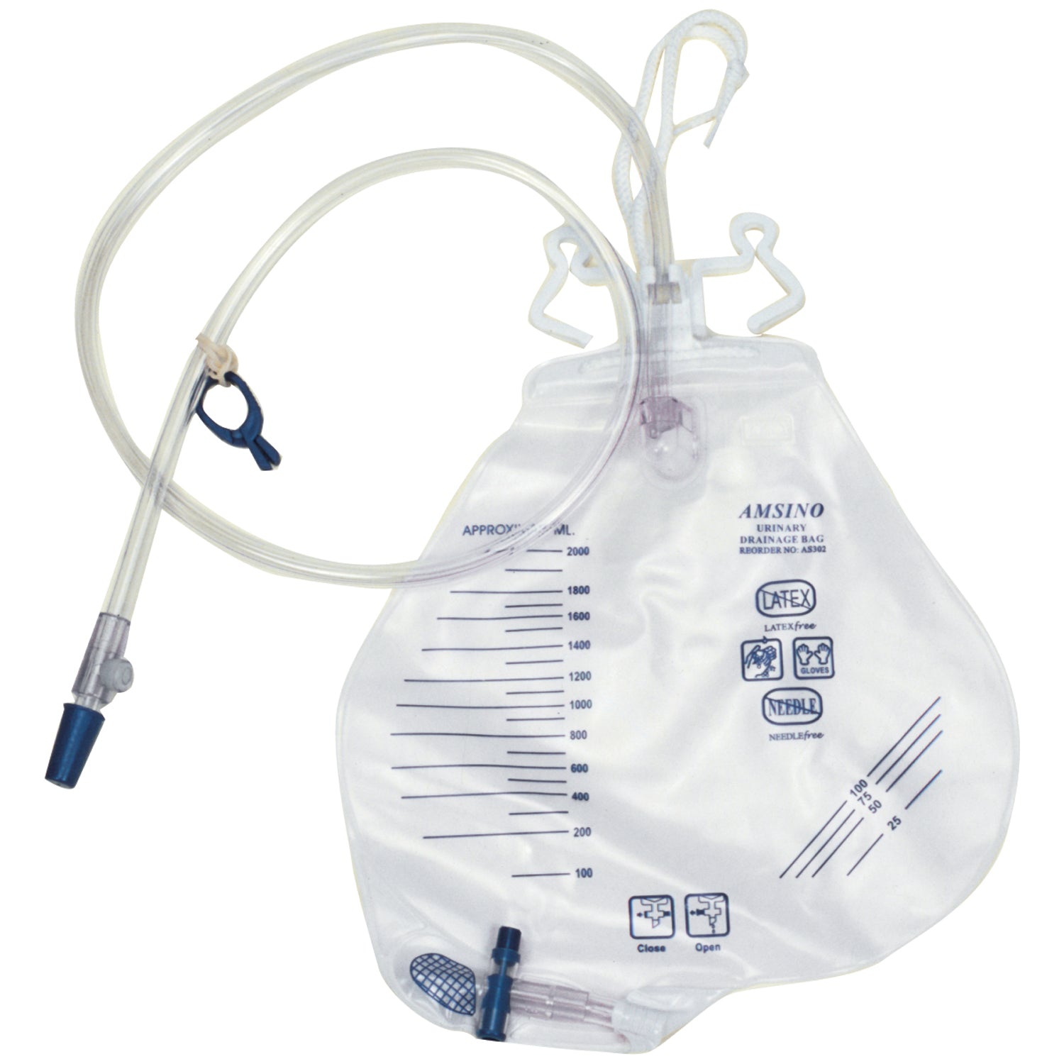 Drainage Bag, 2000mL, Anti-Reflux Chamber, Pre-Pierced Needle Free Sampling Port (Luer Slip or Blunt Cannula Compatible), Universal Double Hook & Rope Hanger, T-Tap Drain Port, Sterile Fluid Pathway, 20/cs (60 cs/plt) 
