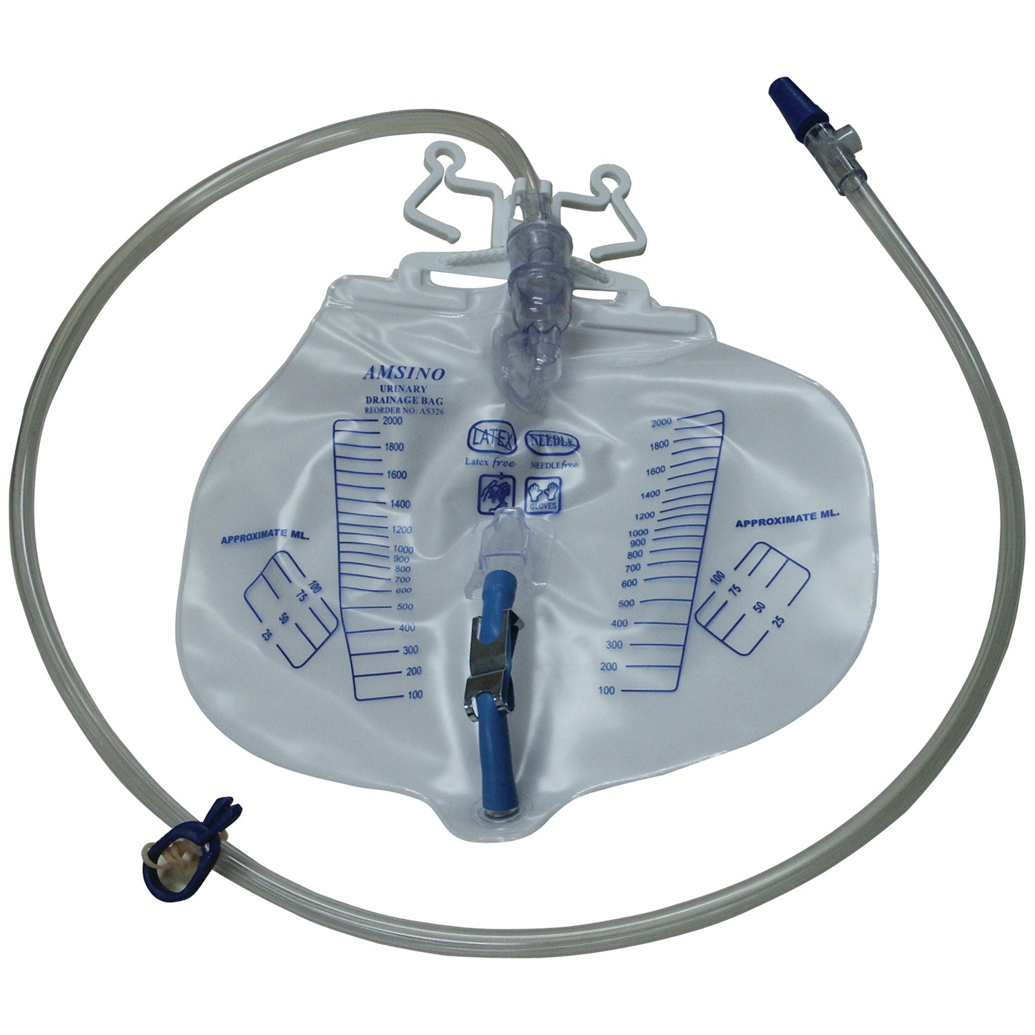 Drainage Bag, 2000mL, Universal Double-Hook & Rope Hanger, Needleless Sampling Port, Smooth Adapter with Cap, 11/32"x50" Star Tubing with Bed Sheet Clamp, Air Vent, Clear Anti-Reflux Drip Chamber, Dog House, Drain Tube, Metal Clamp, Splash Guard, 20/cs
