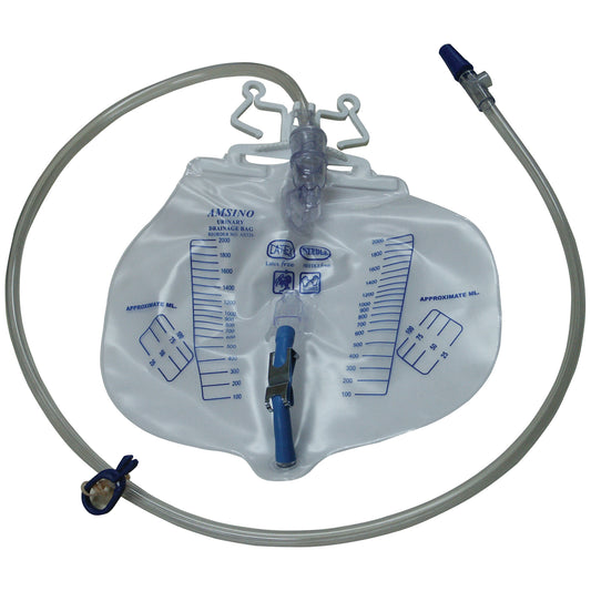 Drainage Bag, 2000mL, Universal Double-Hook & Rope Hanger, Needleless Sampling Port, Smooth Adapter with Cap, 11/32"x50" Star Tubing with Bed Sheet Clamp, Air Vent, Clear Anti-Reflux Drip Chamber, Dog House, Drain Tube, Metal Clamp, Splash Guard, 20/cs