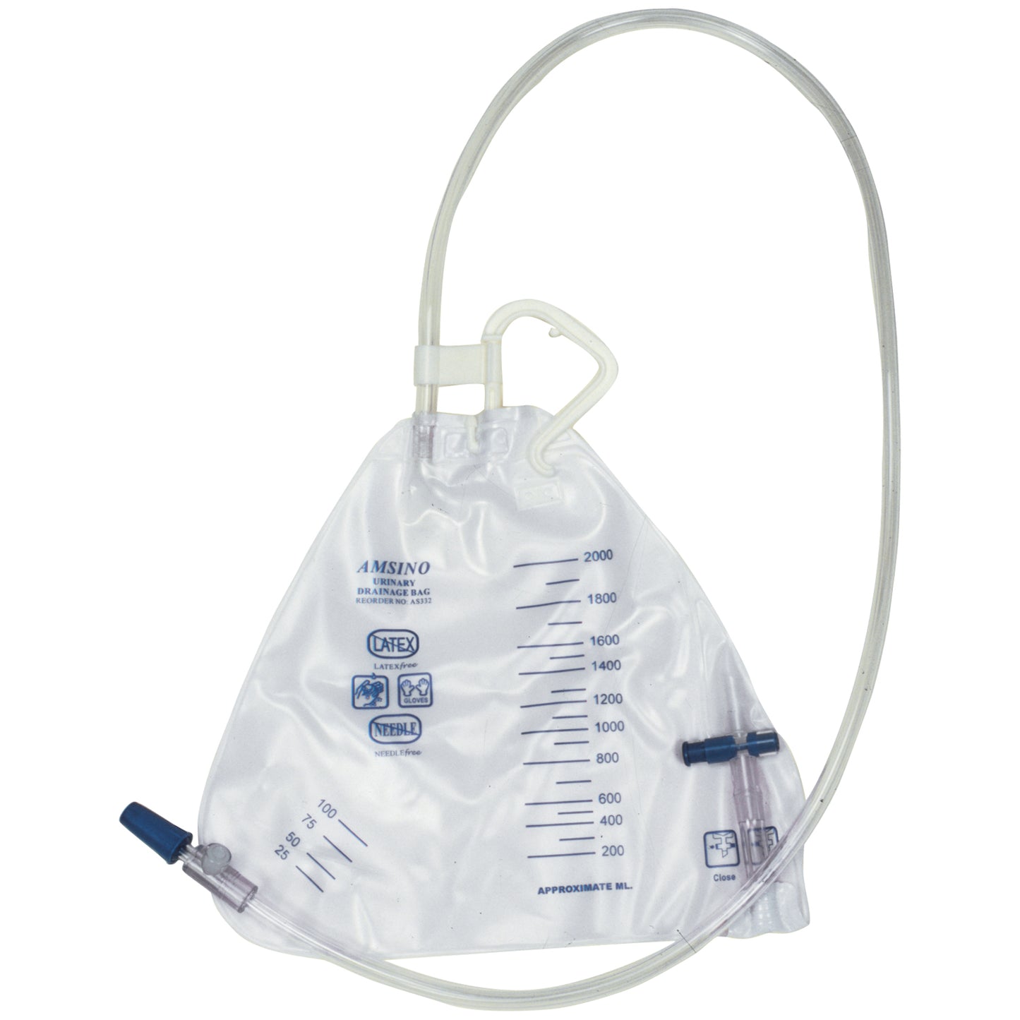 Drainage Bag, Pear Shape, 2000mL, Bottom Draining, Universal Hanger, Anti-Reflux Flutter Valve, Air-Vent, Needleless Sampling Port, Sterile Fluid Pathway, 20/cs 