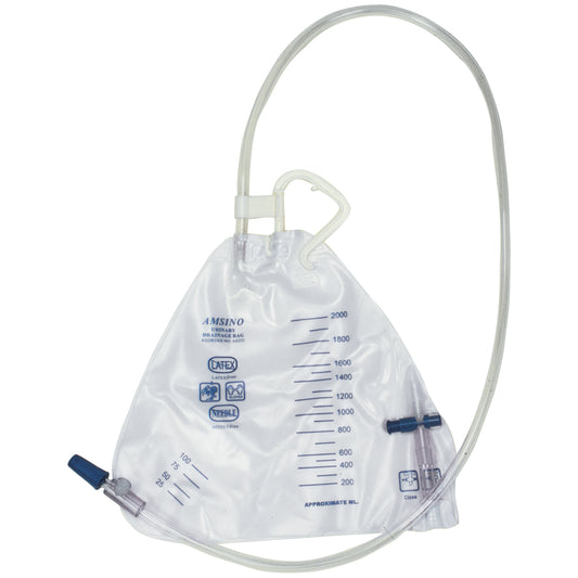 Drainage Bag, Pear Shape, 2000mL, Bottom Draining, Universal Hanger, Anti-Reflux Flutter Valve, Air-Vent, Needleless Sampling Port, Sterile Fluid Pathway, 20/cs 