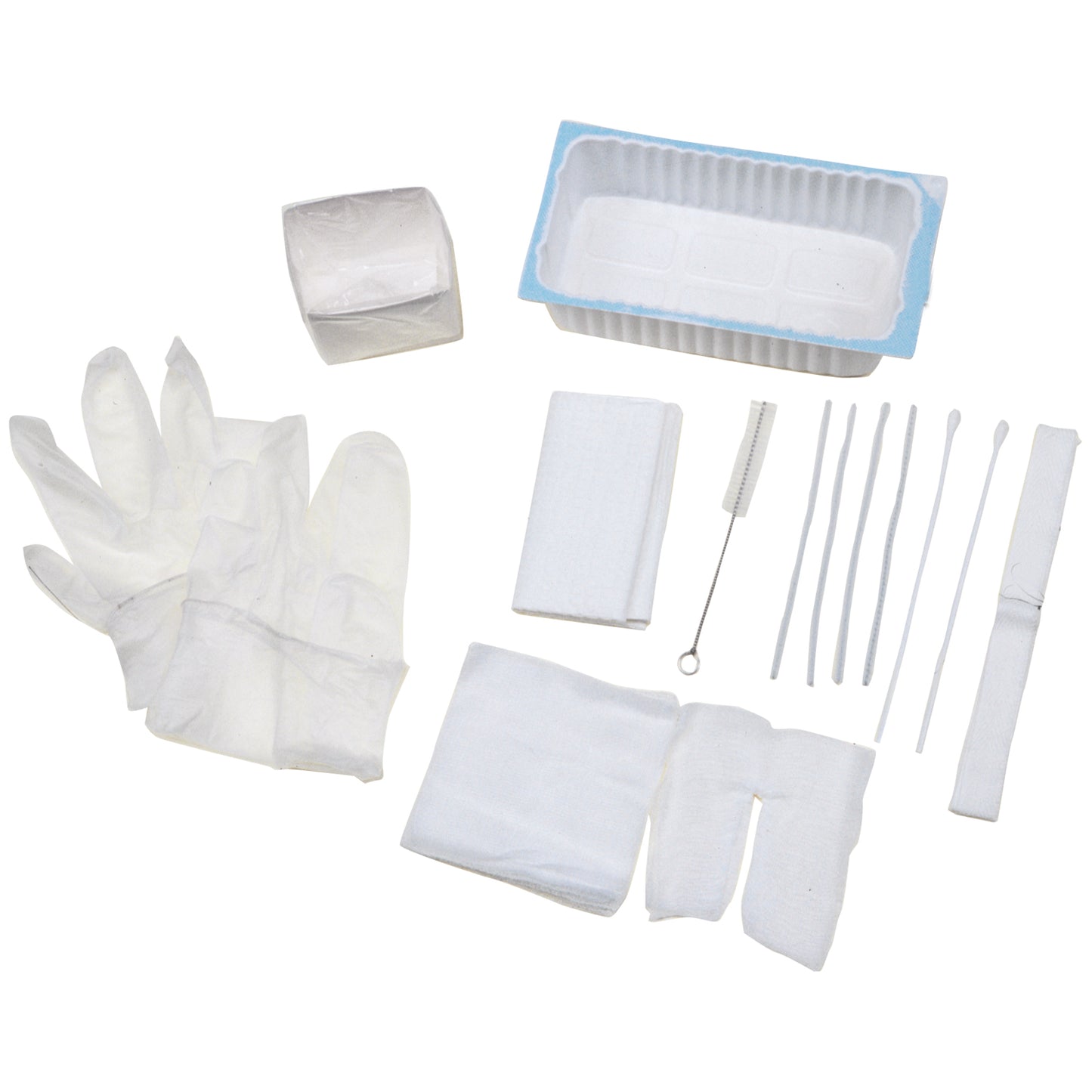 Tracheostomy Care Tray Contains: 2-Compartment Tray, Removable Inner Tray, Cleaning Brush, (4) 4x4 Gauze Sponges, Pipe Cleaner, Vinyl Gloves, (2) Cotton-Tip Applicators, Twill Tape, Trach Dressing, Waterproof Drape, 20/cs