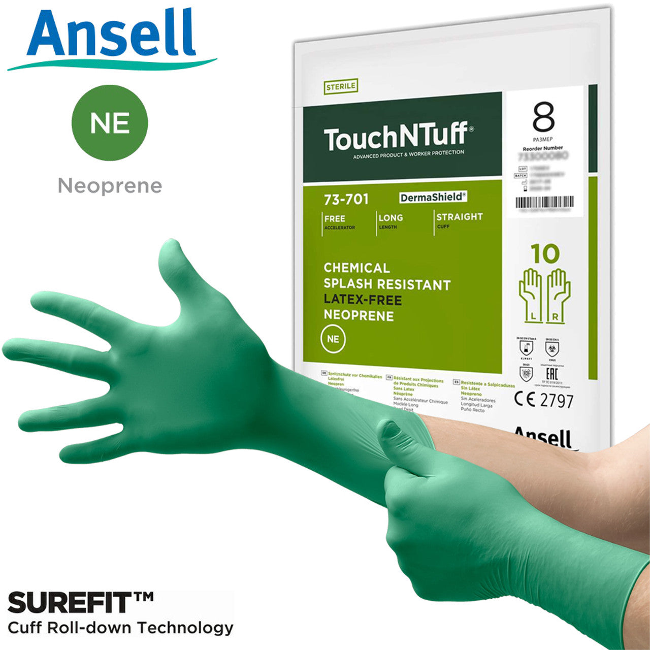 Laboratory Glove, Neoprene, Size 7.5, Green, Disposable, Sterile, 1 pr/pk, 10 pk/bg, 5 bg/outer bg, 4 outer bg/master bg, 1 master bg/cs (US Only)