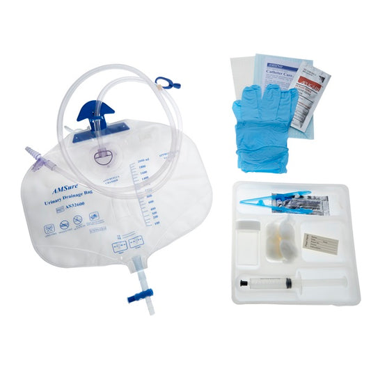 Catheter Foley, 14 Fr, 100% Silicone, 400 ml Urine Meter with 2600ml Drainage Bag, with 10 cc Syringe Prefilled with Sterile Water, 10/cs