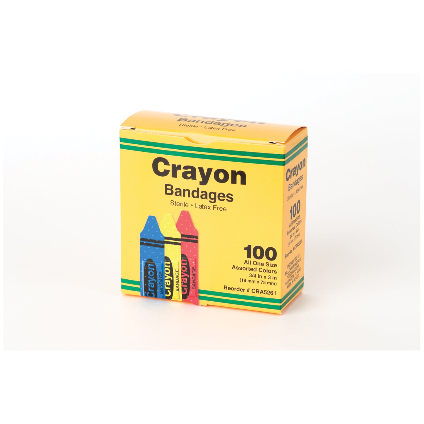 Crayola Bandages, _" x 3" Strips, Latex Free (LF), Assorted (red, yellow & blue), 100/bx, 12 bx/cs