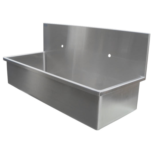 Double Scrub Sink, Stainless Steel Wall Mount, with Rounded Corners and 12"H Backsplash - 48"L x 19.75"D x 22.56" H