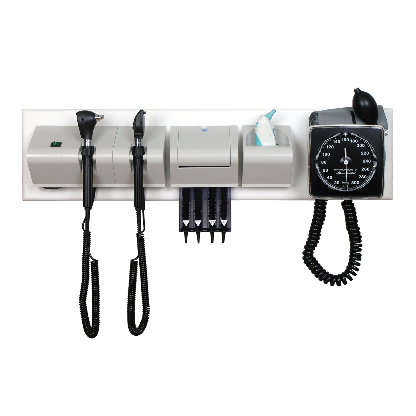 DRE WS350 Wall Mount Diagnostic System, Includes: Diagnostic Handles, Spiral Cord Expandable up to 3 Meters, 3.5V Coaxial Ophthalmoscope, 3.5V Fiber Optic Otoscope, Ear Thermometer, Sphygmomanometer, Reusable Ear Specula, Specula Dispenser-Tip Dispenser