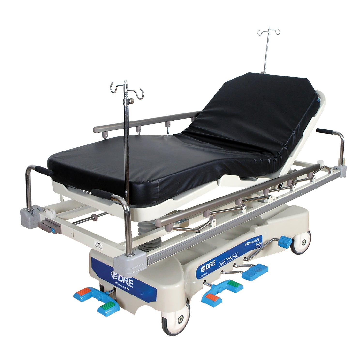 Millennium 5 Hospital Stretcher, Includes: 4" x 28.5" x 71.5" Pad, 8" Casters, 27" Wide Patient Surface, IV Receptacles, Fold-Down Side Rails, Side Rails 14.5" x 39", Brake/Steer Pedals, Dual Pedestal Hydraulics, Dual Side-Mounted Foot Control Hydraulics. NEW with 1 year warranty