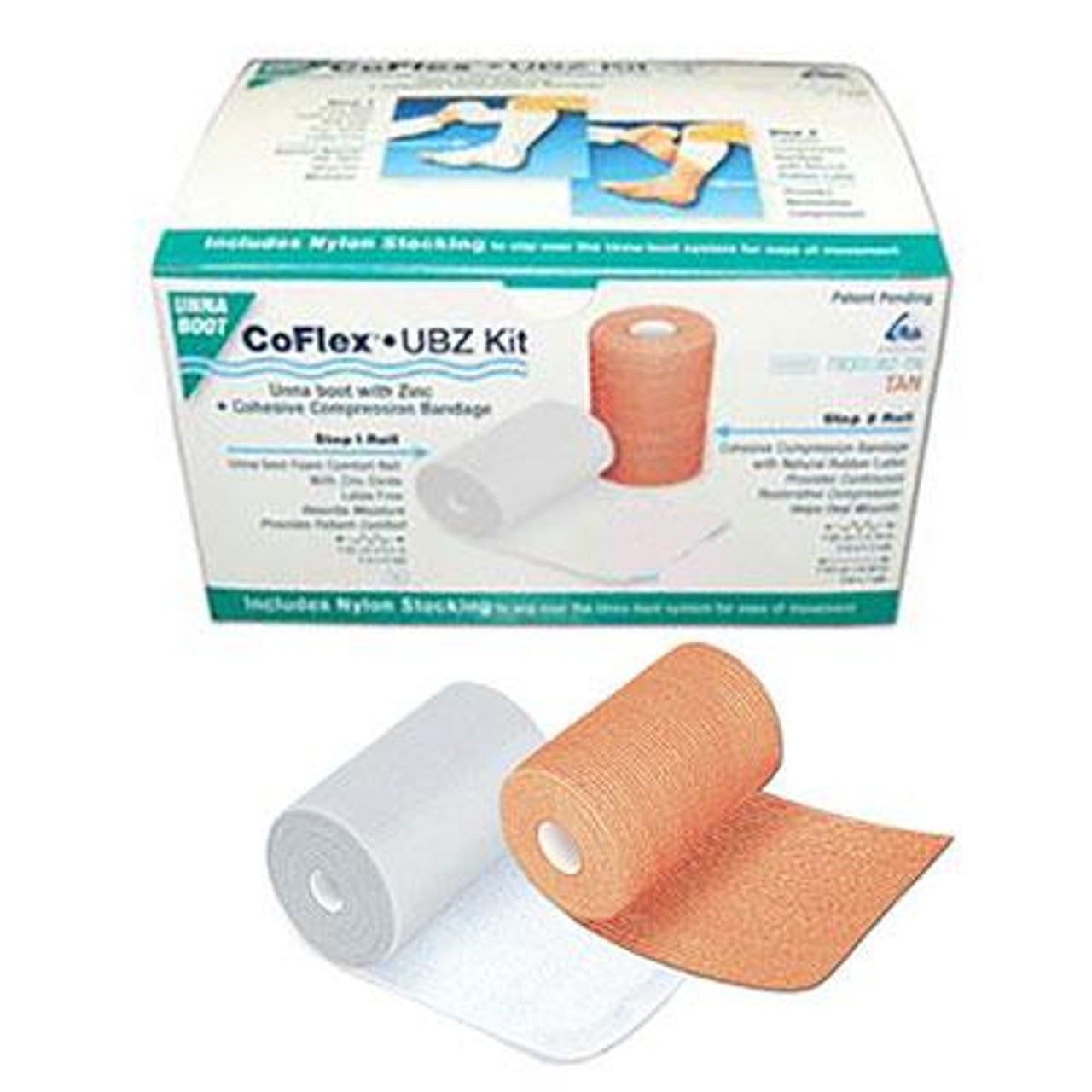 Unna Boot, Standard, 3" x 6 yds Absorbent Foam Dressing Impregnated with Calamine (Step 1), 3" x 7 yds Cohesive Bandage (Step 2), Tan, Latex Free (LF), 2 rls (1 of each Step)/bx, 8 bx/cs (092684)