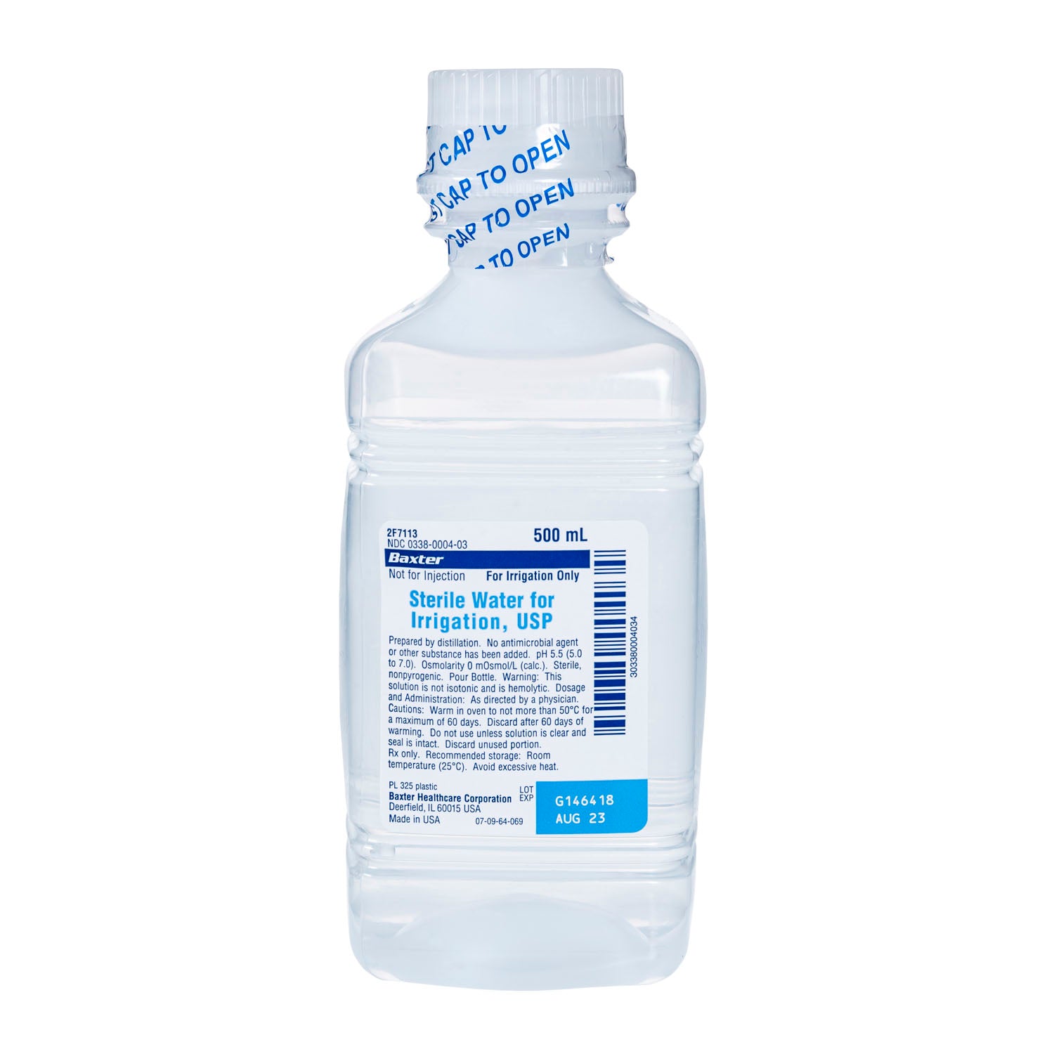 Sterile Water for Irrigation, USP, 500 ml, Plastic Pour Bottle, Not for Injection, Non-Pyrogenic, Sterile, 18/cs (Rx) (Continental US Only) (Product Access Restricted. Check with your sales rep to verify eligibility)