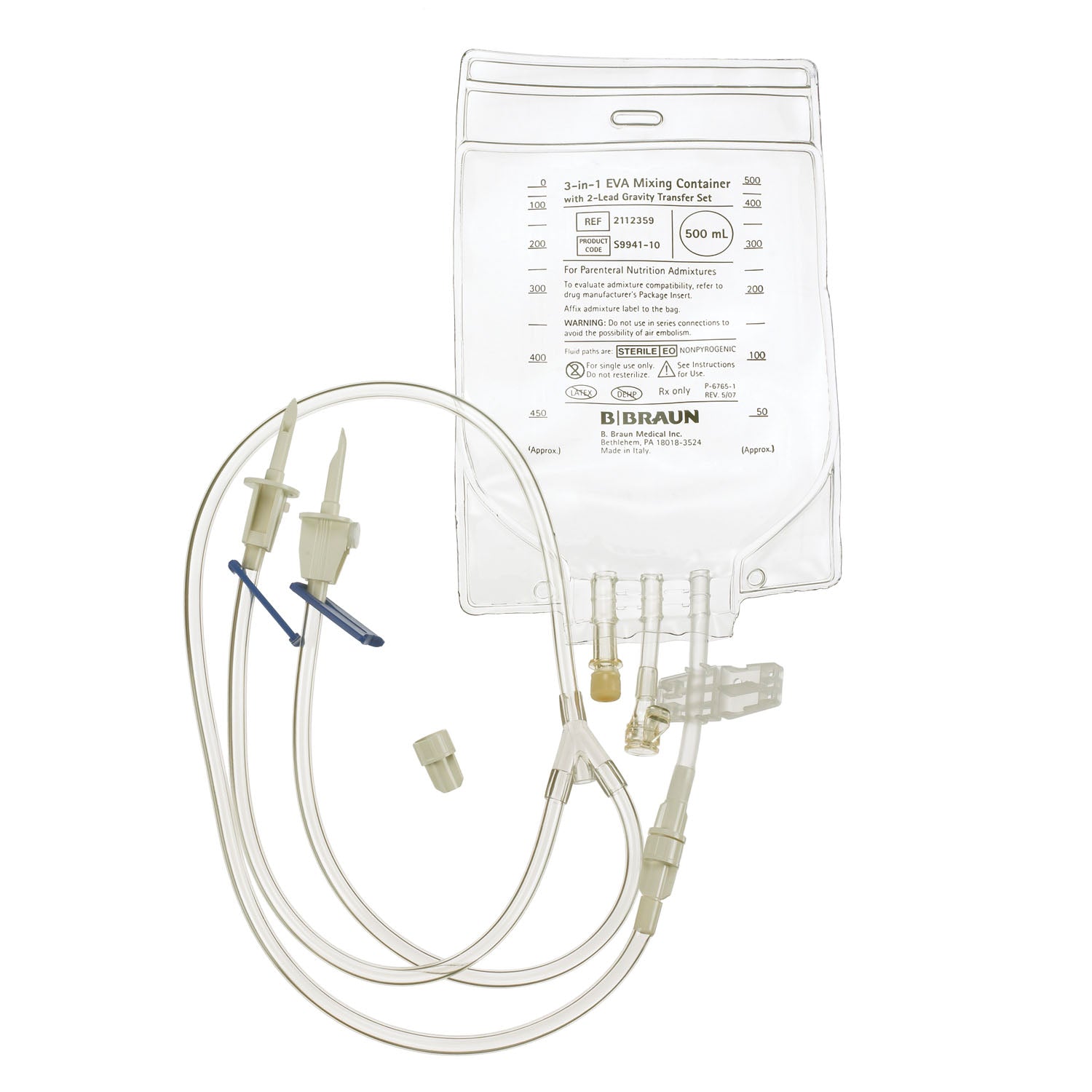 TPN Bag, 2-Lead Vented Transfer Set, Large Bore Tubing & Plastic Sealing Clip, 500mL, 40/cs (Rx) (Continental US+HI Only)&nbsp;&nbsp;<Strong style="color:red">Max weekly quantity allowed: 10</Strong>