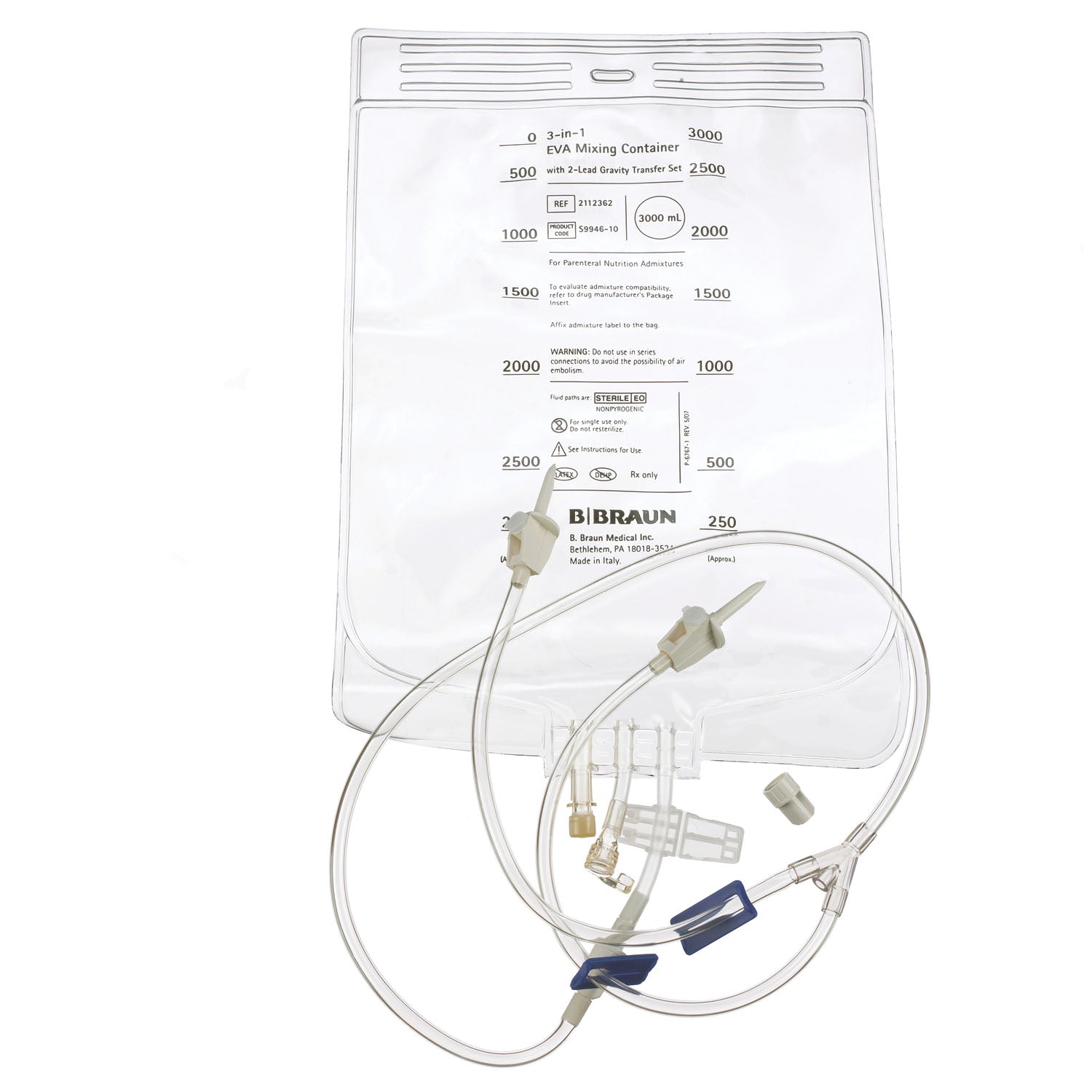 TPN Bag, 2-Lead Vented Transfer Set, Large Bore Tubing & Plastic Sealing Clip, 3000mL, 40/cs (Rx) (Continental US+HI Only)&nbsp;&nbsp;<Strong style="color:red">Max weekly quantity allowed: 10</Strong>