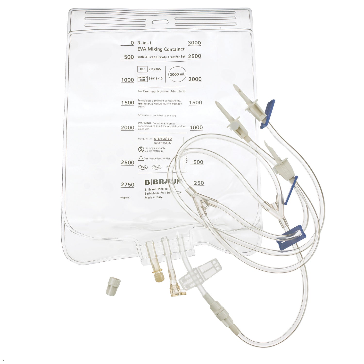 TPN Bag, 3-Lead Vented Transfer Set, Large Bore Tubing & Plastic Sealing Clip, 3000mL, 40/cs (Rx) (Continental US+HI Only)&nbsp;&nbsp;<Strong style="color:red">Max weekly quantity allowed: 10</Strong>